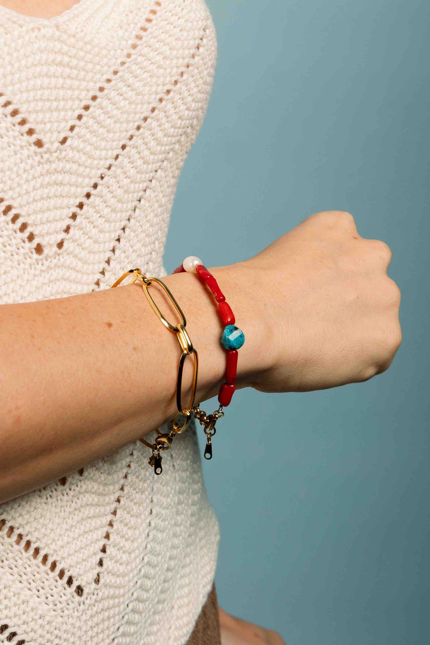 PULSERA CORALES, JASPE AZULY PERLA