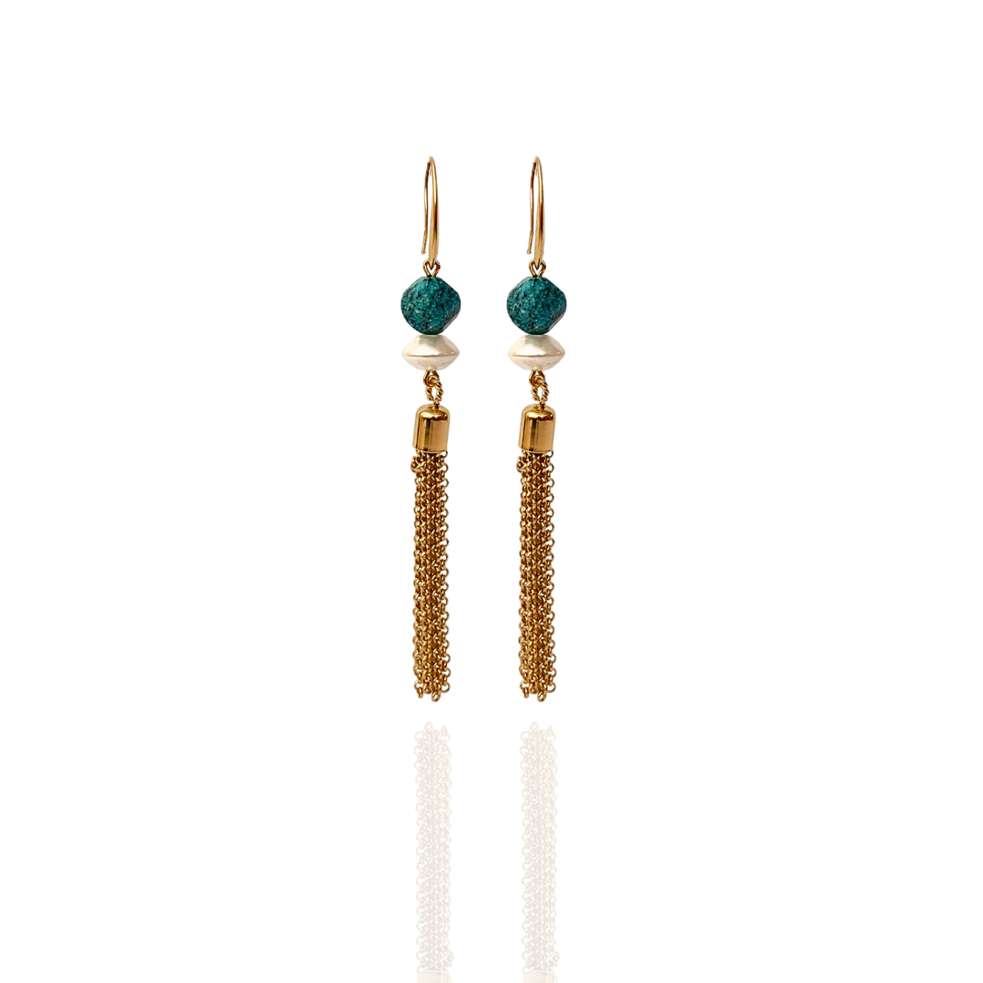 BLUE JASPER, PEARL AND TASSEL EARRINGS