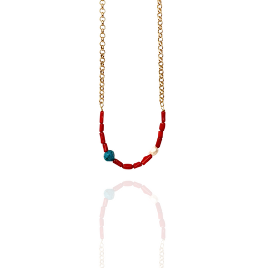 CORAL, BLUE JASPER AND PEARL NECKLACE