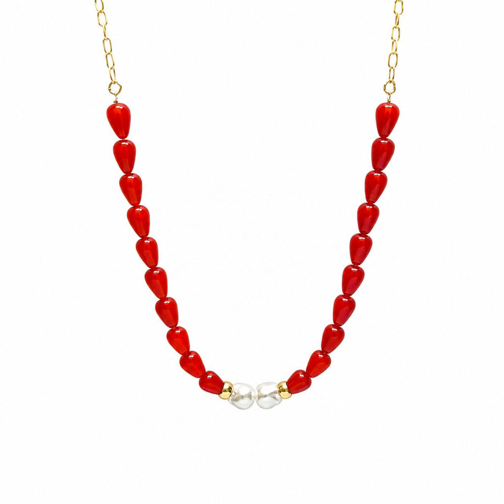 COLLAR AGATA ROJA Y PERLAS