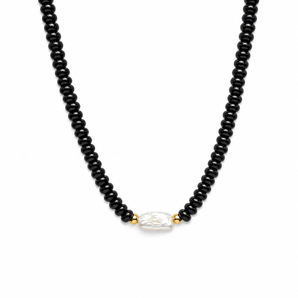 COLLAR AGATA NEGRA RONDEL Y PERLA
